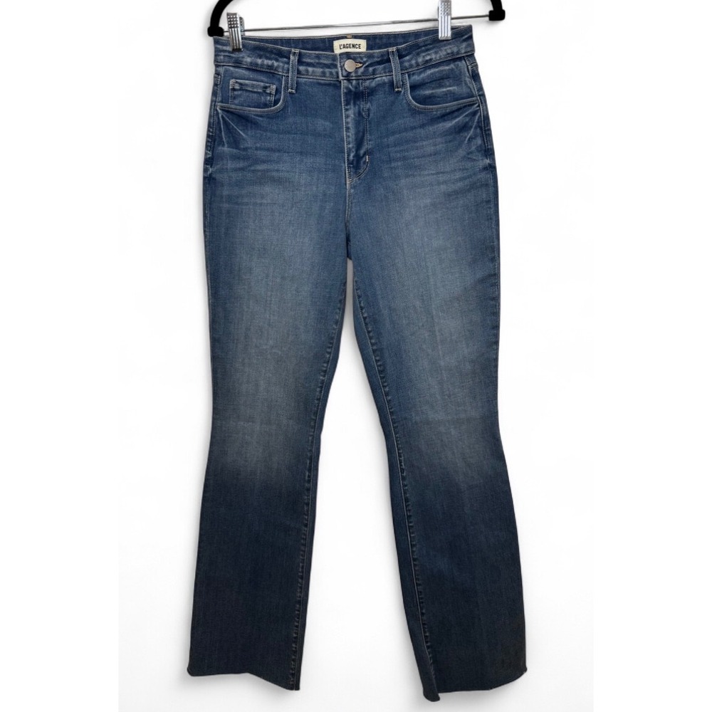 L'AGENCE High Rise Raw Hem Flare Jeans Medium Wash Blue Denim Size 28